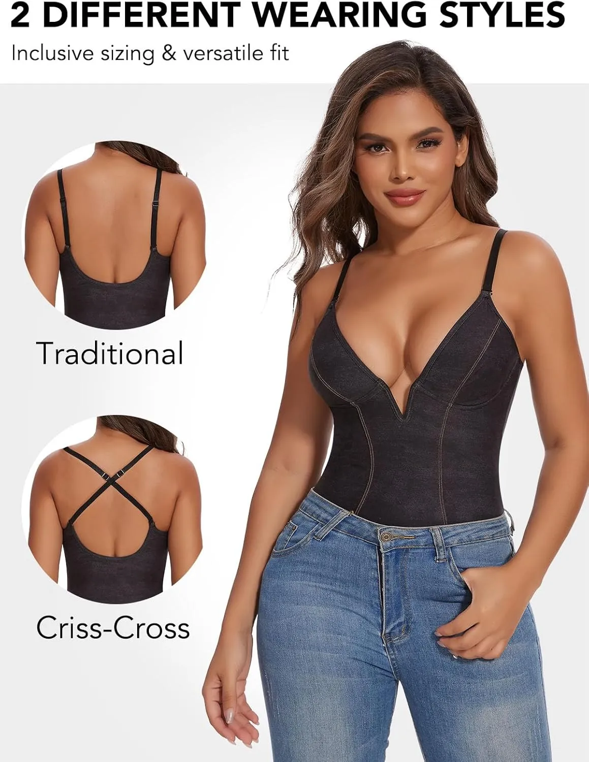 SHAPERIN Bodysuit for Women Shapewear Tummy Control Deep V Neck Plunge Sleeveless Backless Thong Body Suit Tank Top