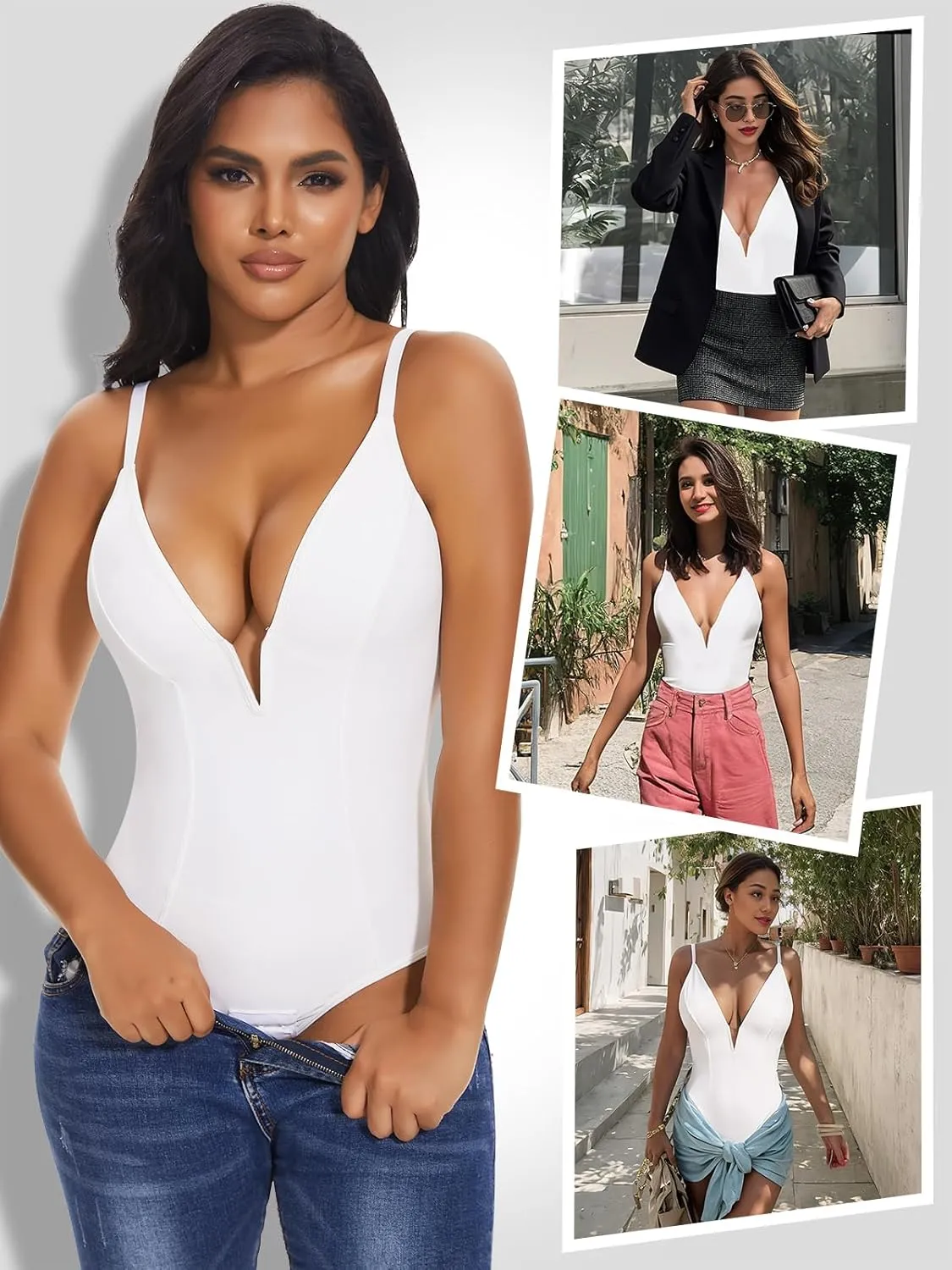 SHAPERIN Bodysuit for Women Shapewear Tummy Control Deep V Neck Plunge Sleeveless Backless Thong Body Suit Tank Top