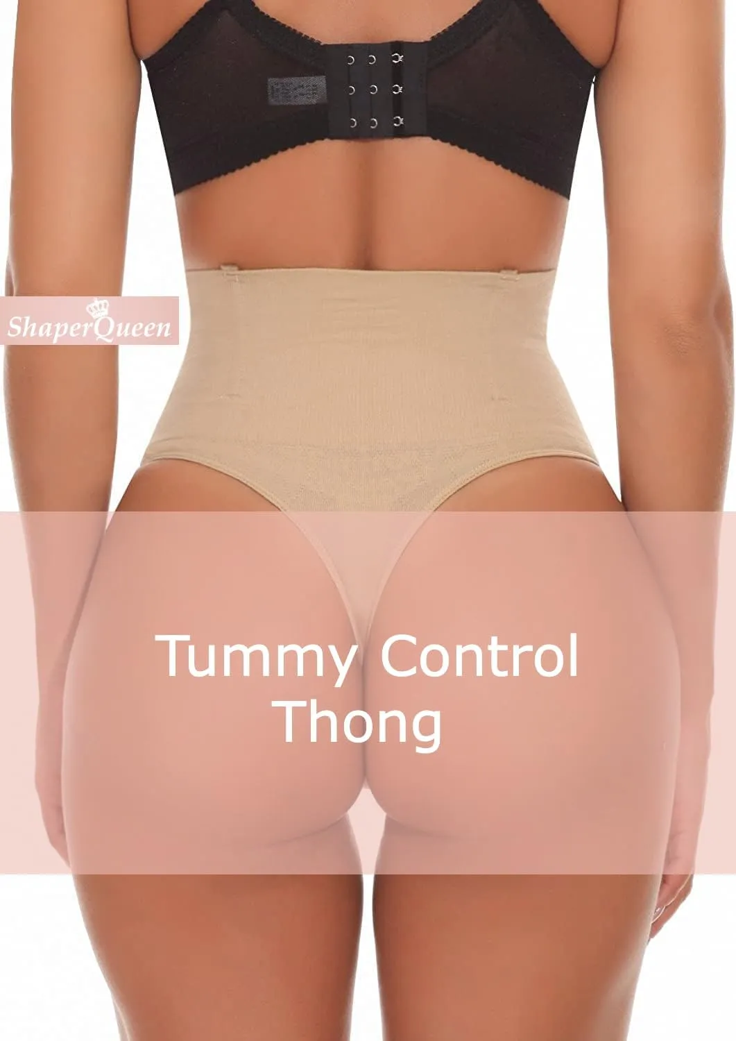 ShaperQueen102B Tummy Control Shapewear Thong for Women – Black High Waist Tummy Control Thong, Waist Cincher for Women