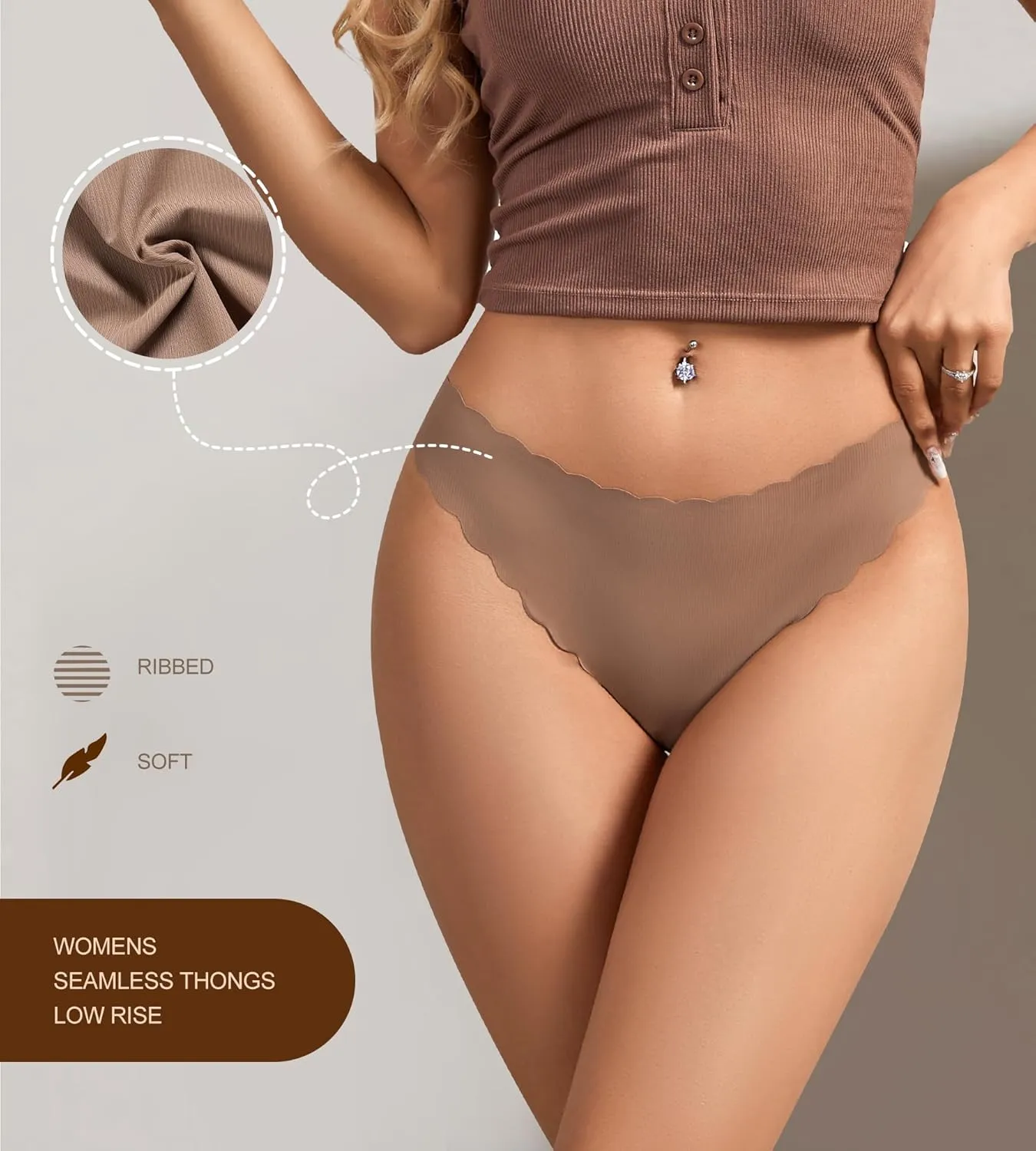 SHARICCA Womens Seamless Thongs No Show Underwear Soft Ribbed Invisible Panties Wave Edge Multi Pack