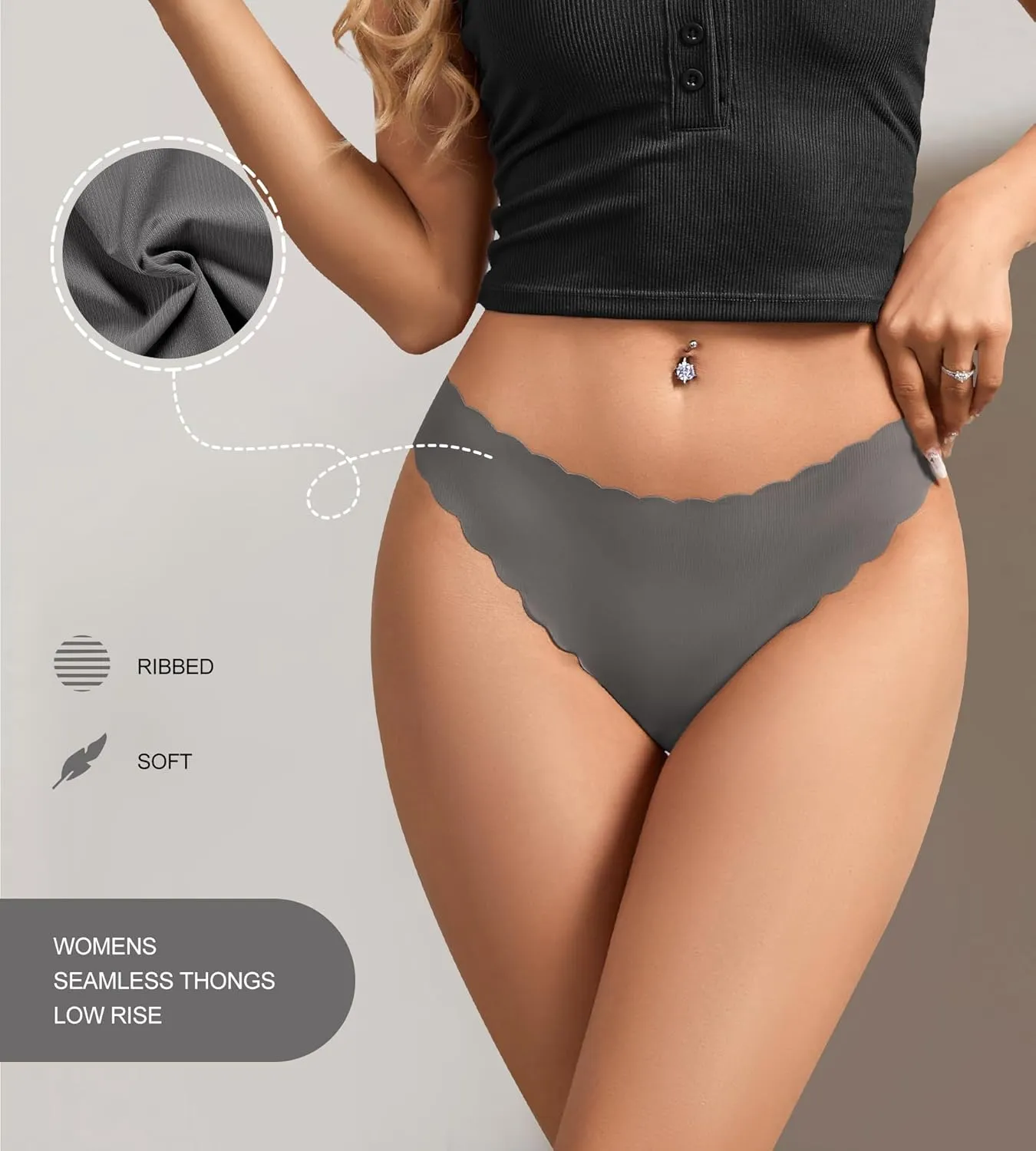 SHARICCA Womens Seamless Thongs No Show Underwear Soft Ribbed Invisible Panties Wave Edge Multi Pack