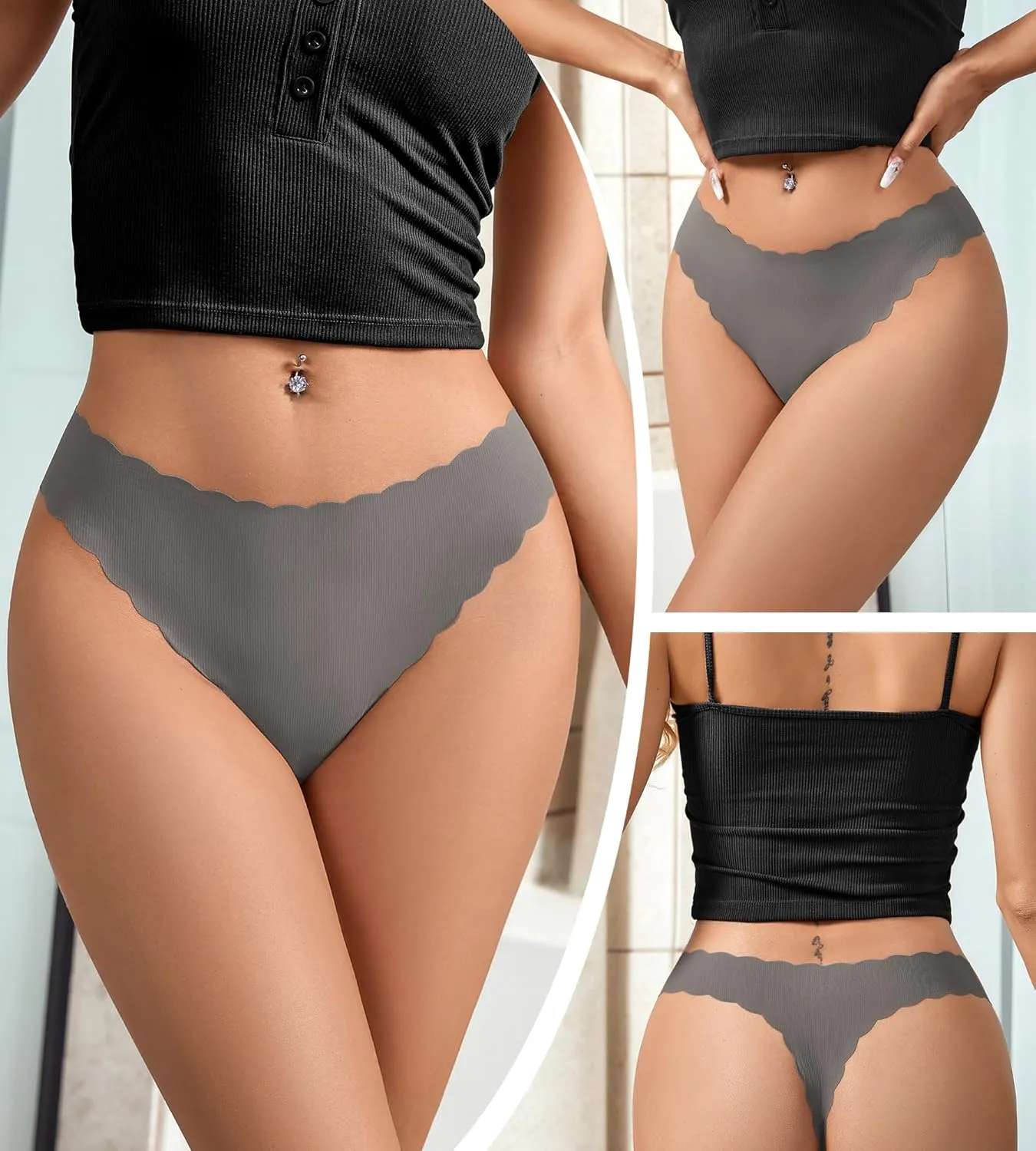 SHARICCA Womens Seamless Thongs No Show Underwear Soft Ribbed Invisible Panties Wave Edge Multi Pack