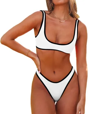 SherryDC Women's Sexy Scoop Neck Bikini Sets Color Block High Cut Thong Brazilian Two Pieces Swimsuit Bathing Suit