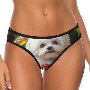 Shih Tzu Dog Flower Basket Women Thongs Ice Silk Panties No Show T-back Breathable Briefs
