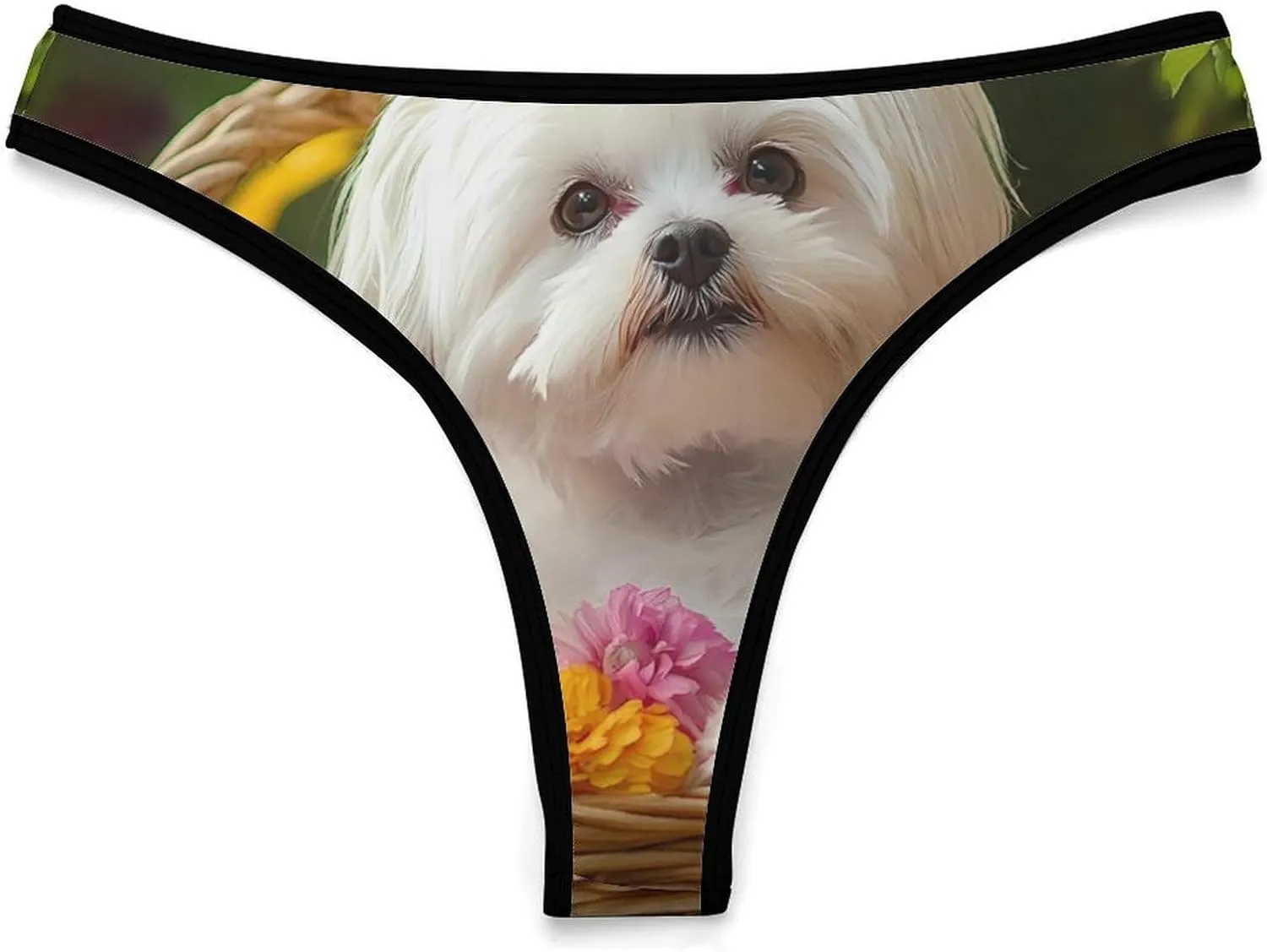 Shih Tzu Dog Flower Basket Women Thongs Ice Silk Panties No Show T-back Breathable Briefs