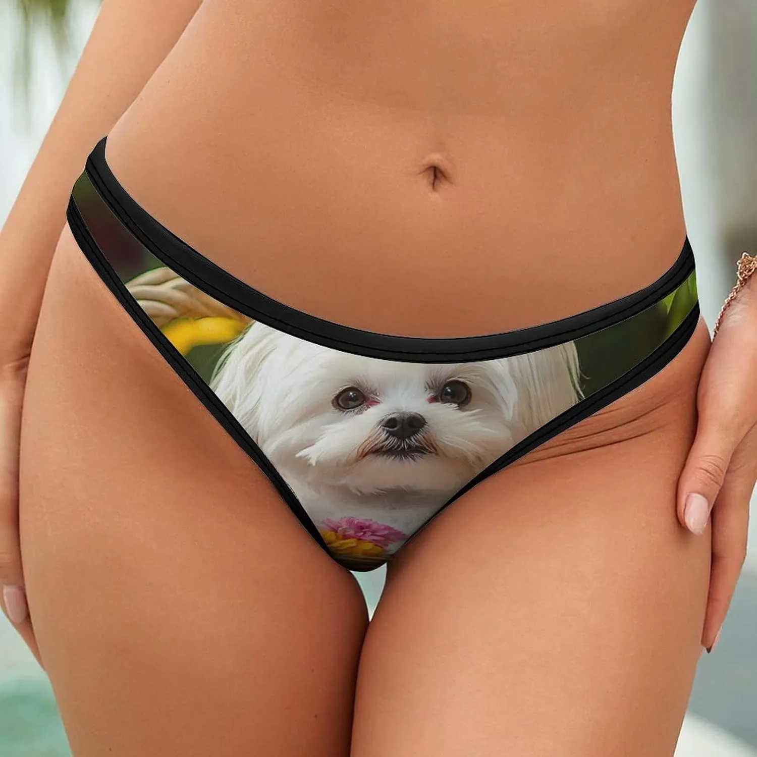 Shih Tzu Dog Flower Basket Women Thongs Ice Silk Panties No Show T-back Breathable Briefs