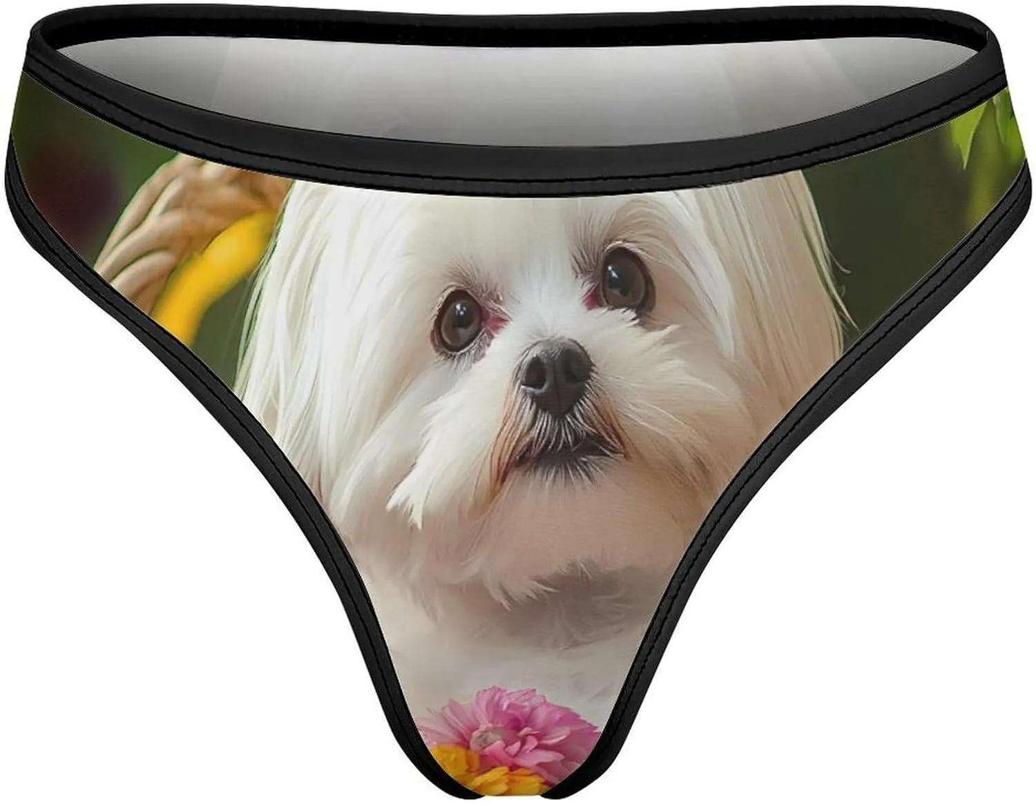 Shih Tzu Dog Flower Basket Women Thongs Ice Silk Panties No Show T-back Breathable Briefs