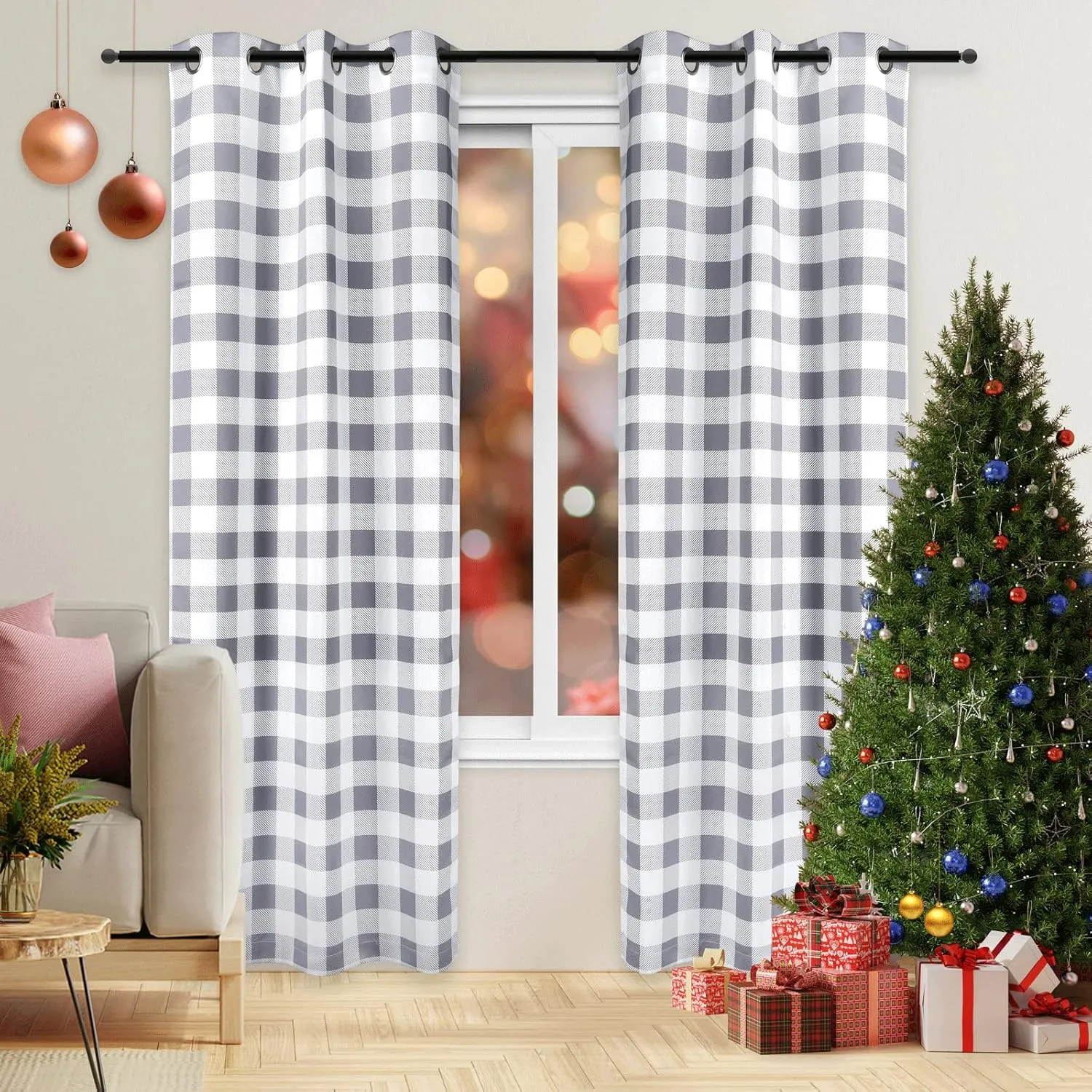 Simple Deluxe Buffalo Check Blackout Curtains Panels for Living Room, Bedroom Farmhouse Courtyard Style Room Darkening Thermal Insulated Plaid Grommet Curtain, 37" W x 84" L, White and Gray