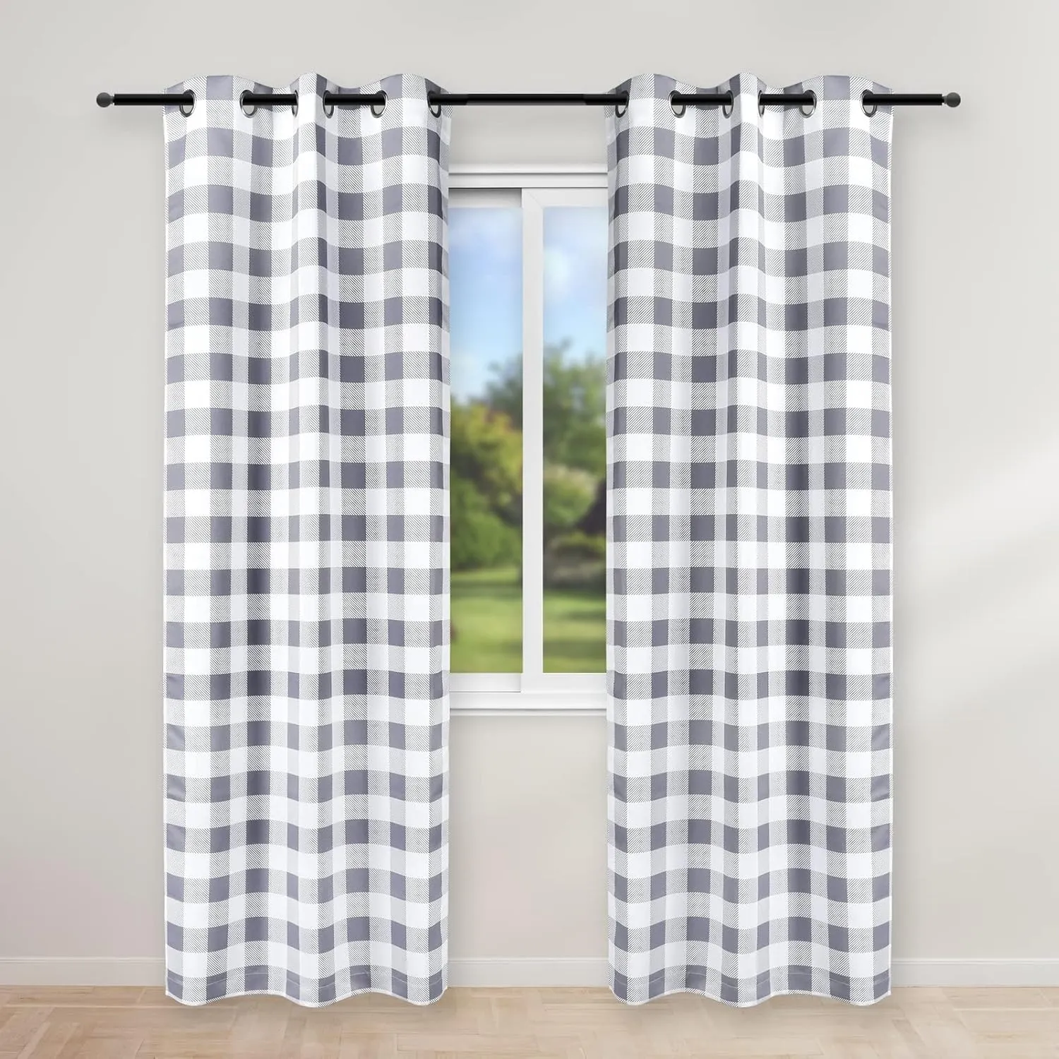 Simple Deluxe Buffalo Check Blackout Curtains Panels for Living Room, Bedroom Farmhouse Courtyard Style Room Darkening Thermal Insulated Plaid Grommet Curtain, 37" W x 84" L, White and Gray