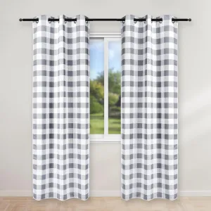 Simple Deluxe Buffalo Check Blackout Curtains Panels for Living Room, Bedroom Farmhouse Courtyard Style Room Darkening Thermal Insulated Plaid Grommet Curtain, 37" W x 84" L, White and Gray