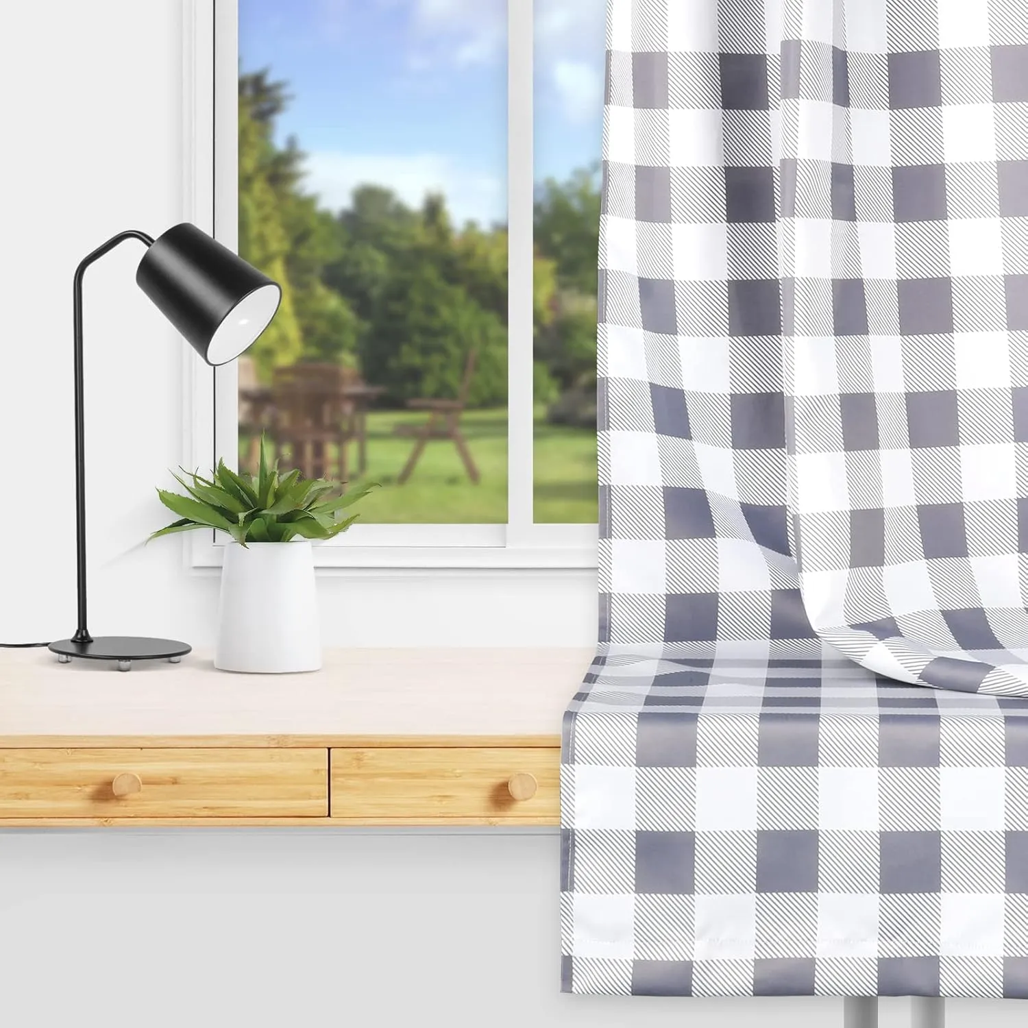 Simple Deluxe Buffalo Check Blackout Curtains Panels for Living Room, Bedroom Farmhouse Courtyard Style Room Darkening Thermal Insulated Plaid Grommet Curtain, 37" W x 84" L, White and Gray