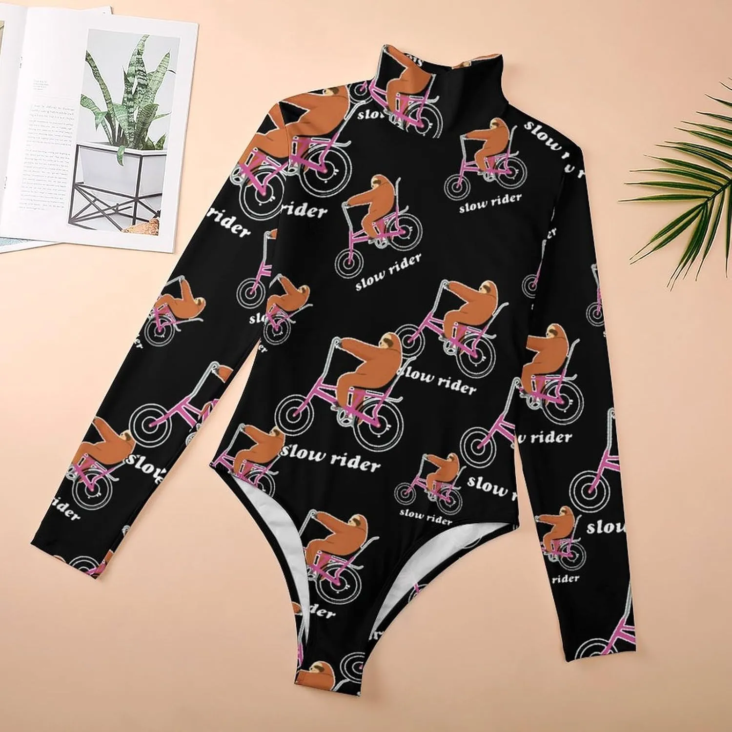 Slow Rider Sloth Womens Mock Turtleneck Long Sleeve Jumpsuit Slim Fit High Neck Bodysuit Thong