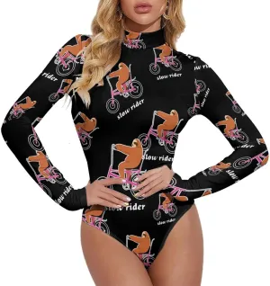 Slow Rider Sloth Womens Mock Turtleneck Long Sleeve Jumpsuit Slim Fit High Neck Bodysuit Thong