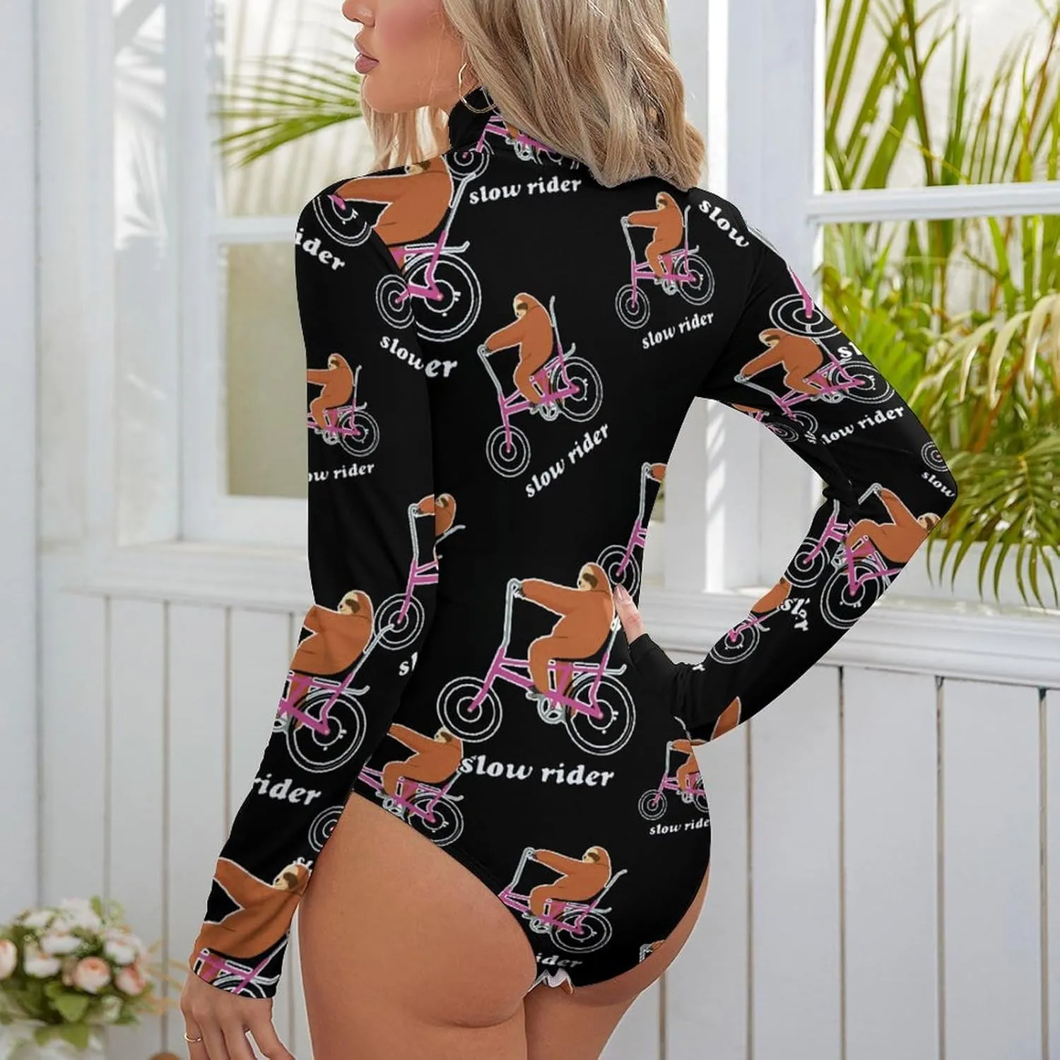 Slow Rider Sloth Womens Mock Turtleneck Long Sleeve Jumpsuit Slim Fit High Neck Bodysuit Thong