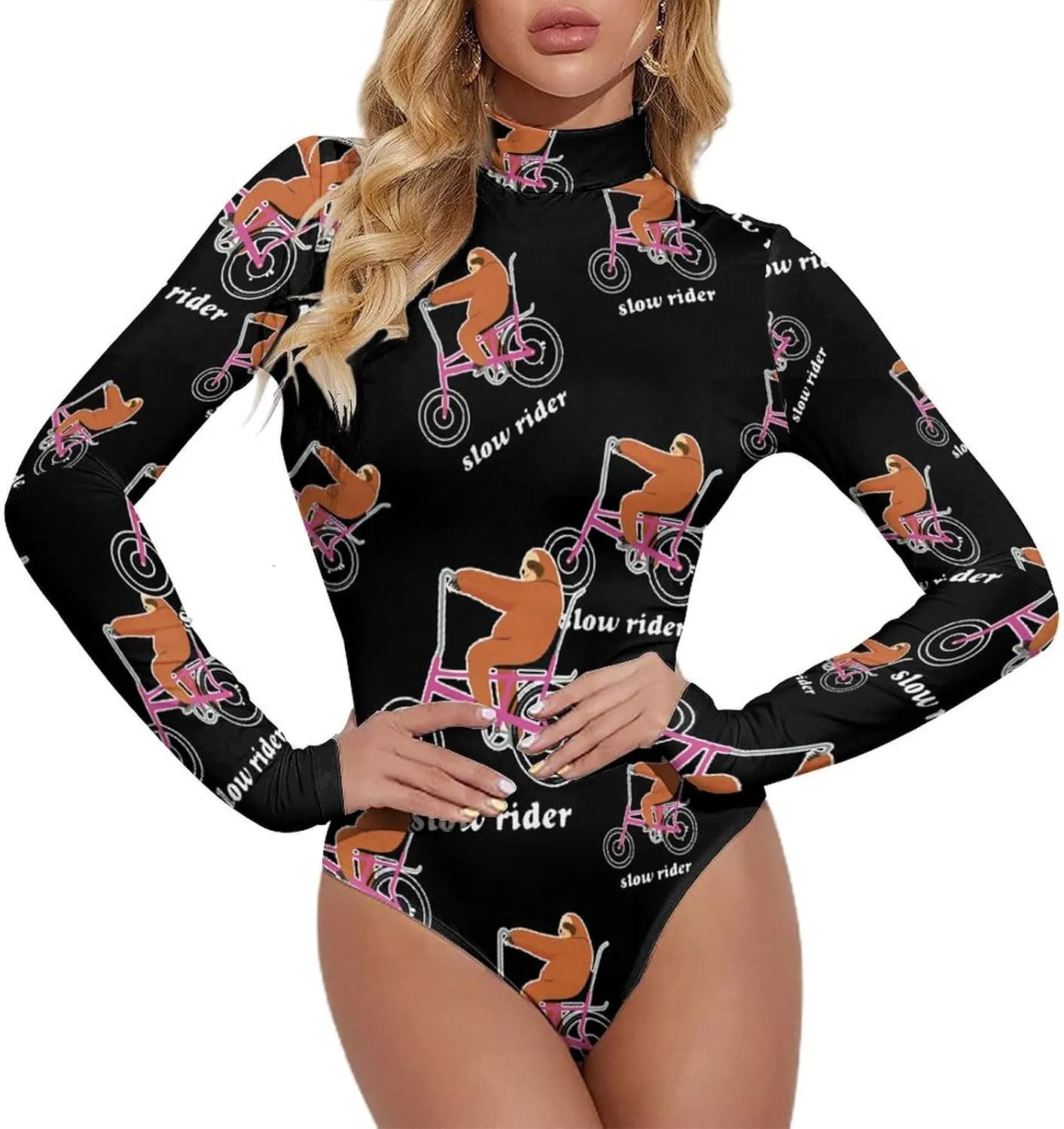 Slow Rider Sloth Womens Mock Turtleneck Long Sleeve Jumpsuit Slim Fit High Neck Bodysuit Thong