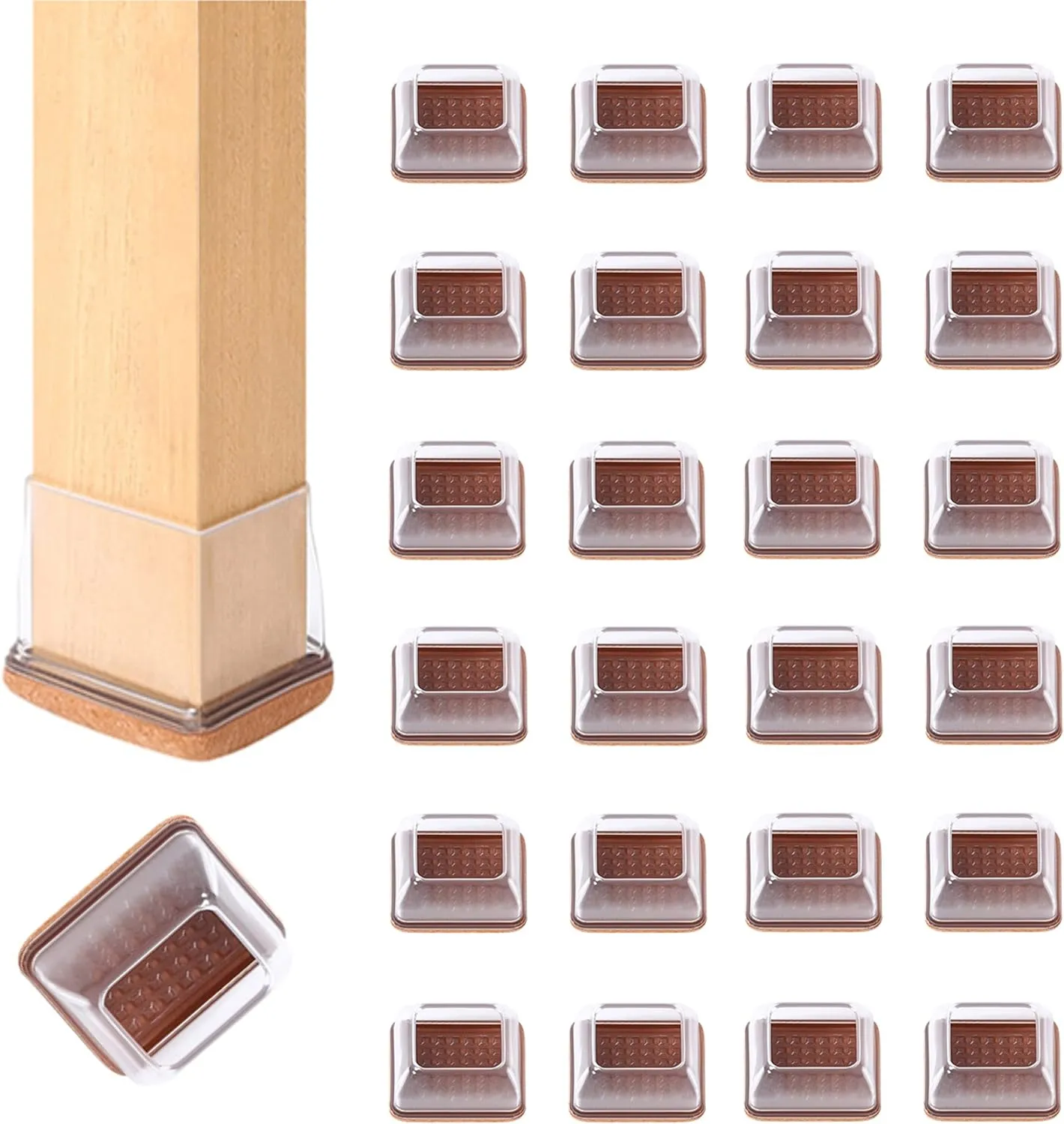 Small Square Silicone Chair Leg Floor Protectors with Wrapped Felt, Clear Furniture Leg Caps, Anti Scratch Anti-Noise, 24 Pcs (Fit: 0.5" - 0.75").