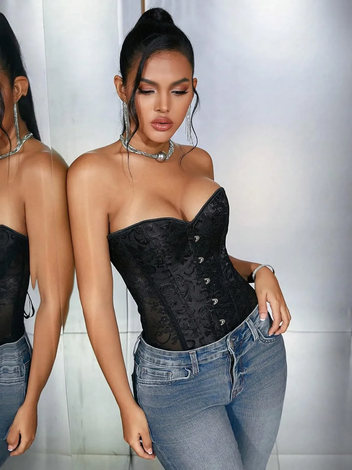 SOLY HUX Women's Lace up Strapless Overbust Corset Bustier Top Lingerie Push up Bodyshaper with Thongs 2 Piece