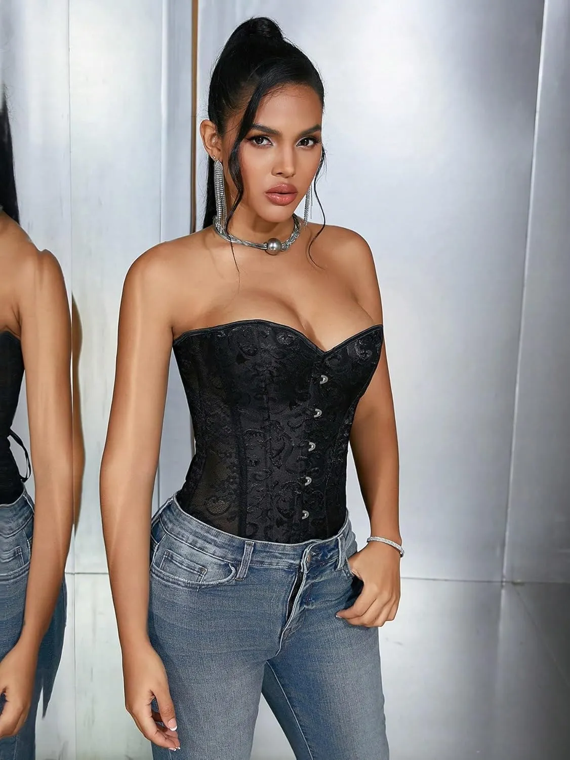 SOLY HUX Women's Lace up Strapless Overbust Corset Bustier Top Lingerie Push up Bodyshaper with Thongs 2 Piece