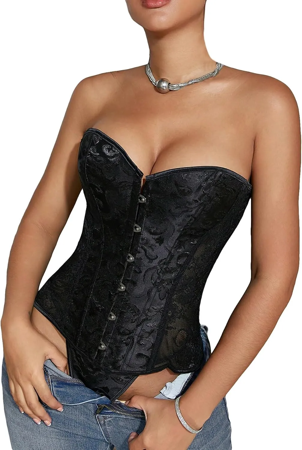 SOLY HUX Women's Lace up Strapless Overbust Corset Bustier Top Lingerie Push up Bodyshaper with Thongs 2 Piece