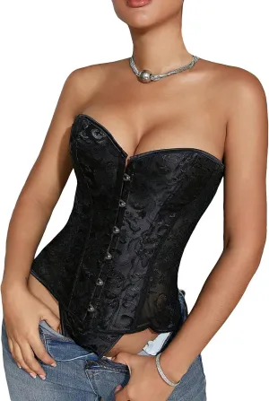SOLY HUX Women's Lace up Strapless Overbust Corset Bustier Top Lingerie Push up Bodyshaper with Thongs 2 Piece