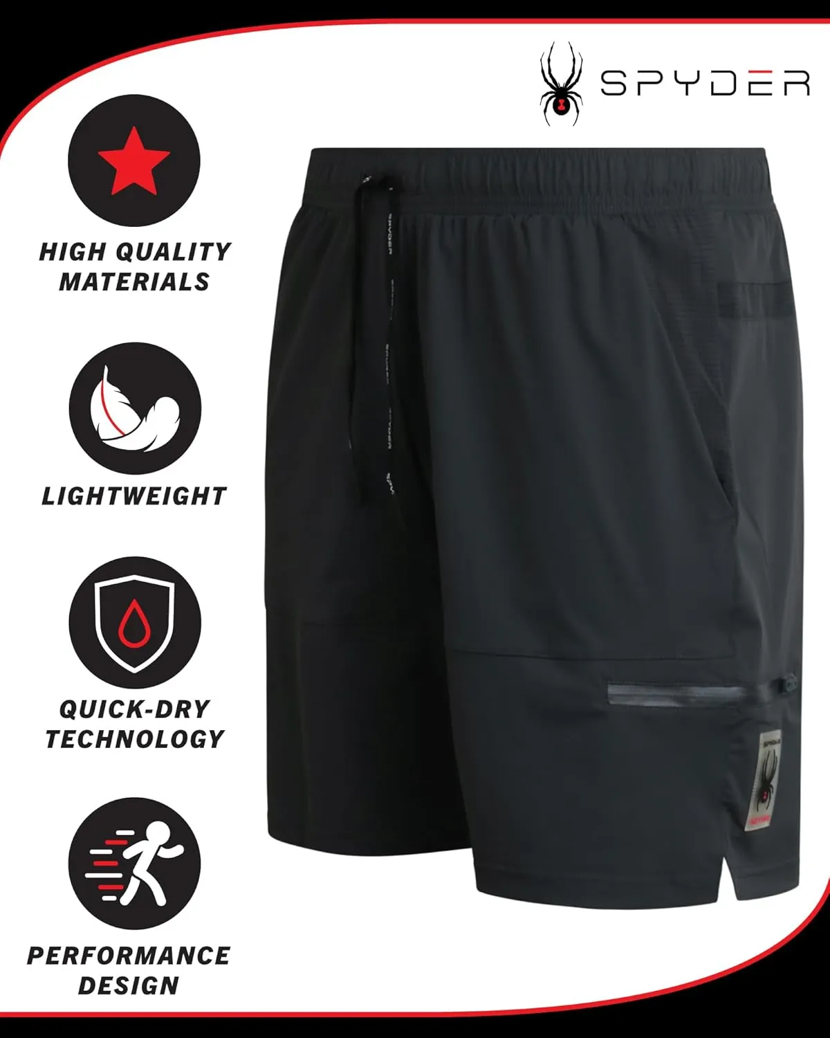 Spyder Mens Athletic Shorts - Quick Dry 8'' Inseam Workout Gym Shorts for Men with Zip Pockets and Drawstring (Sizes: S-XL)