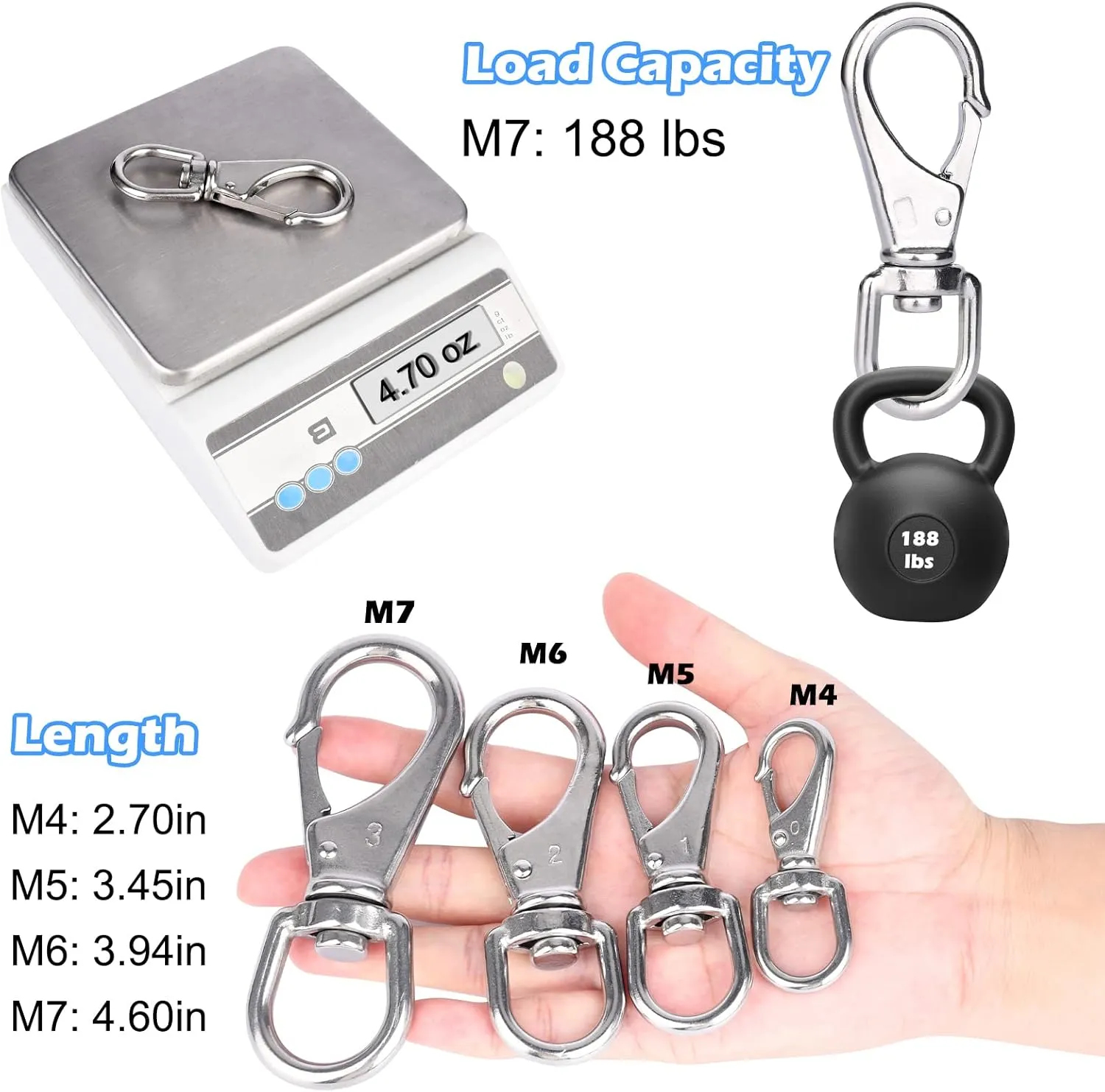 Stainless Steel Swivel Hooks, 2-Pack 4.6 in Diving Clips Spring Clips Keychain Clip, Heavy Duty Flag Clips for Flagpole Rope, Purses, Pet Chain, Dog Leashes, Boat Anchor Rope, Bird Feeder