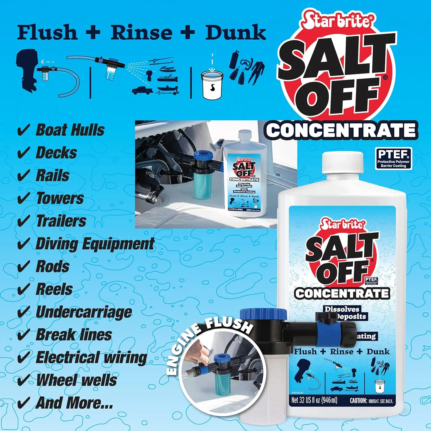 STAR BRITE Salt Off Concentrate Kit With Applicator – Salt Remover and Engine Flush for Boats, Motors, Trailers, and Vehicles – 32 Ounce with Applicator (094000)