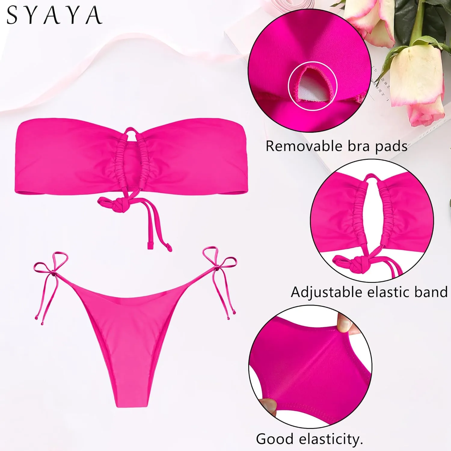 Strapless Bikini Set, Tube Top Swimsuit with Lace-Up Bandeau & Tie-Side Thong Bathing Suits for Beach & Rave UY-B-5K