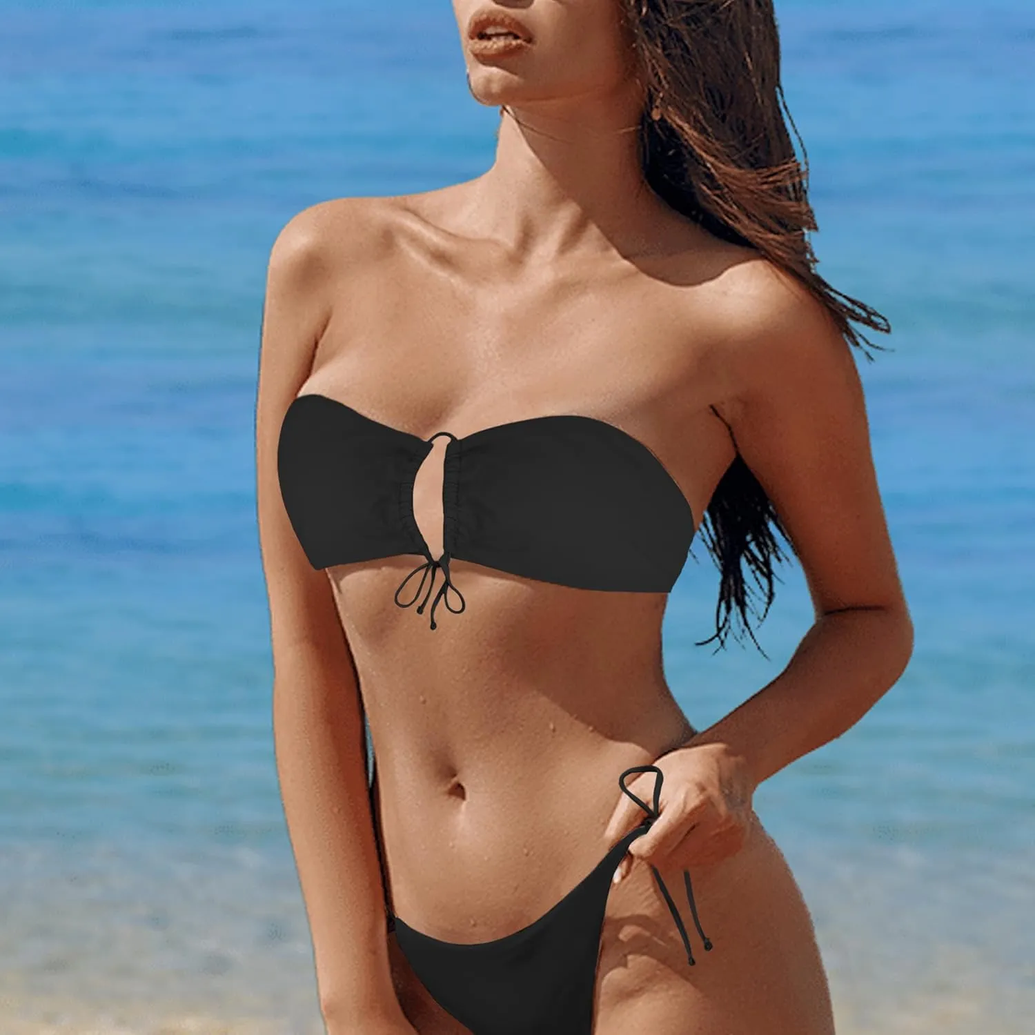 Strapless Bikini Set, Tube Top Swimsuit with Lace-Up Bandeau & Tie-Side Thong Bathing Suits for Beach & Rave UY-B-5K