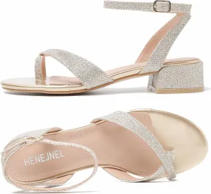 Strappy Sandals Women Dressy Summer Flat Low Block Heeled Thong Sandal Open Split Toe Shoes for Wedding Evening Party