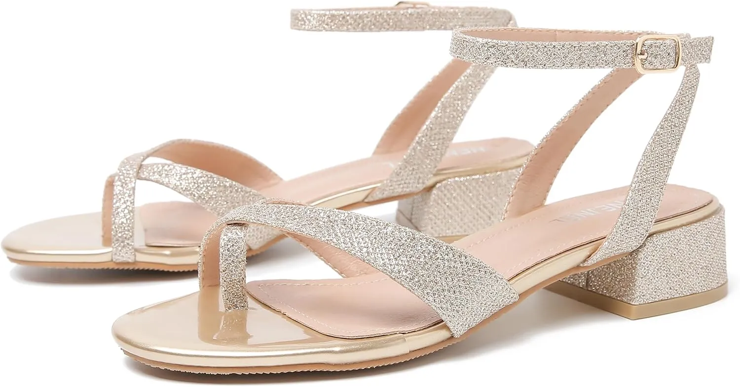 Strappy Sandals Women Dressy Summer Flat Low Block Heeled Thong Sandal Open Split Toe Shoes for Wedding Evening Party