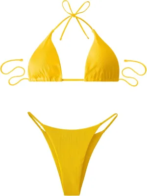 String Bikini Set, Sexy Swimsuit Top & Tie-Side Thong Bottom Bathing Suits for Pool or Beach & Festival Rave U-Y-3N