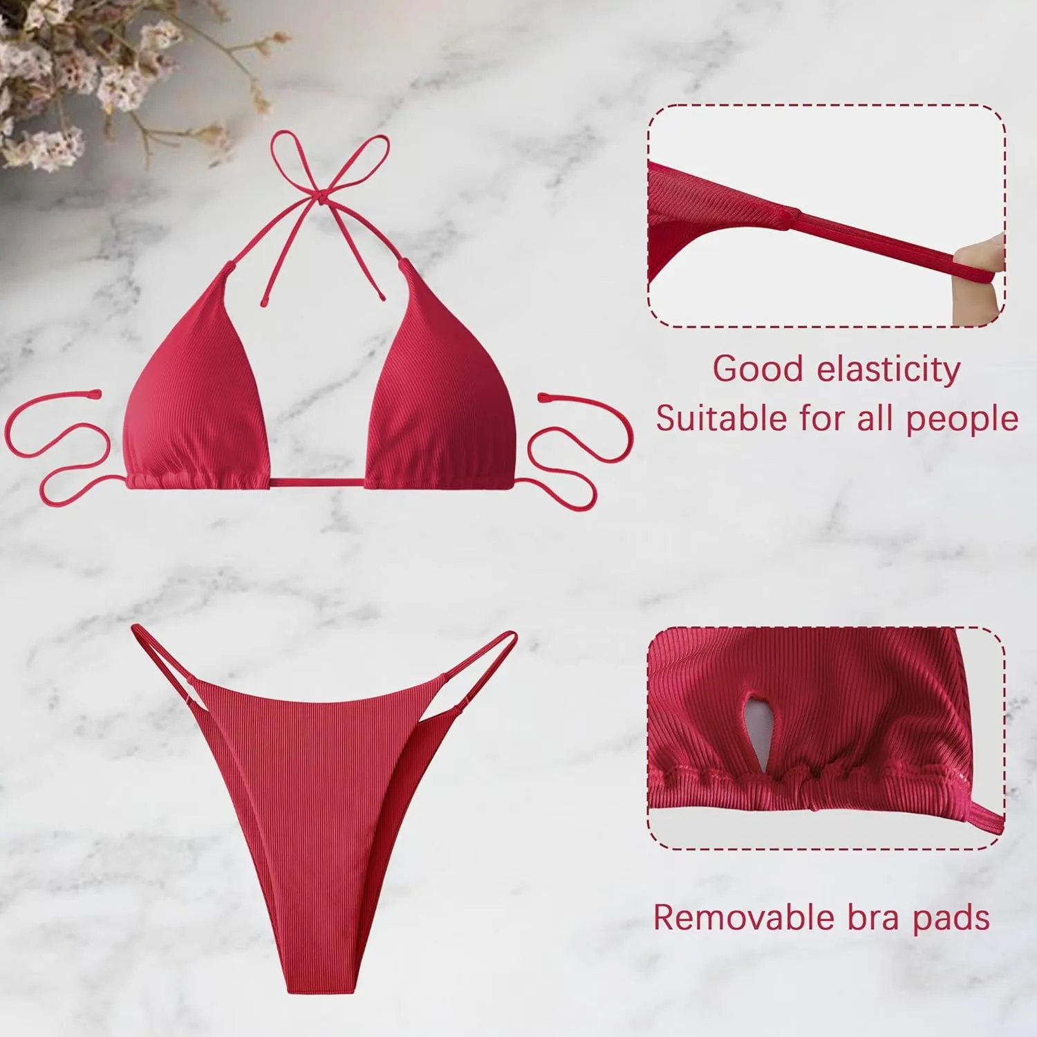 String Bikini Set, Sexy Swimsuit Top & Tie-Side Thong Bottom Bathing Suits for Pool or Beach & Festival Rave U-Y-3N