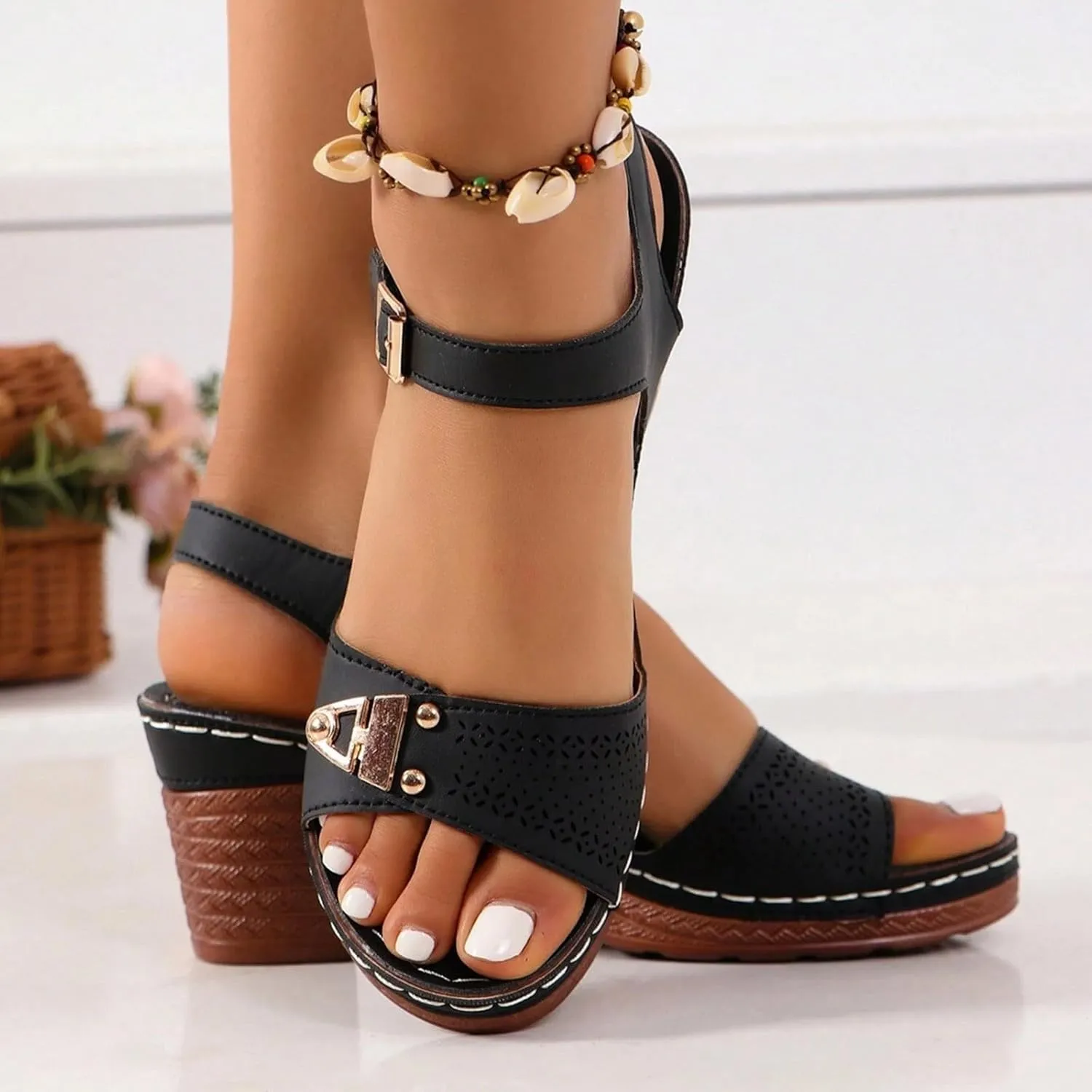 Summer Sandals for Women Dressy Casual Beach Sandals Solid Flowers Buckle Strap Chunky Low Heel Sandal Comfortable Walking Wedges with Adjustable Hook Loop Ladies Casual Platform Shoes