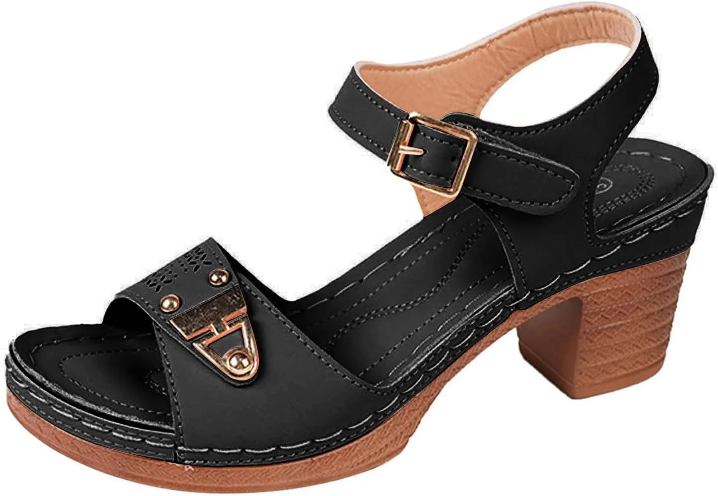 Summer Sandals for Women Dressy Casual Beach Sandals Solid Flowers Buckle Strap Chunky Low Heel Sandal Comfortable Walking Wedges with Adjustable Hook Loop Ladies Casual Platform Shoes