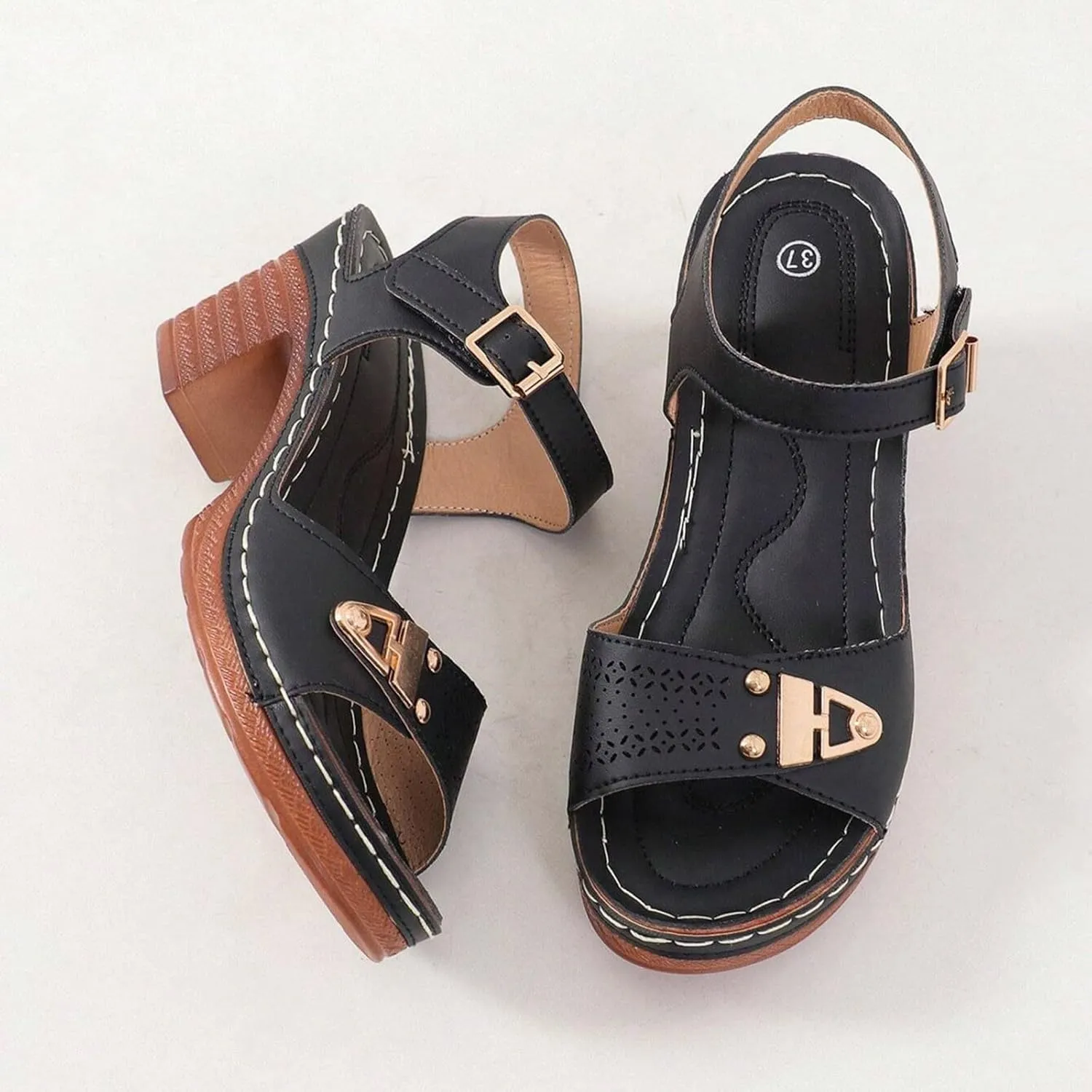 Summer Sandals for Women Dressy Casual Beach Sandals Solid Flowers Buckle Strap Chunky Low Heel Sandal Comfortable Walking Wedges with Adjustable Hook Loop Ladies Casual Platform Shoes