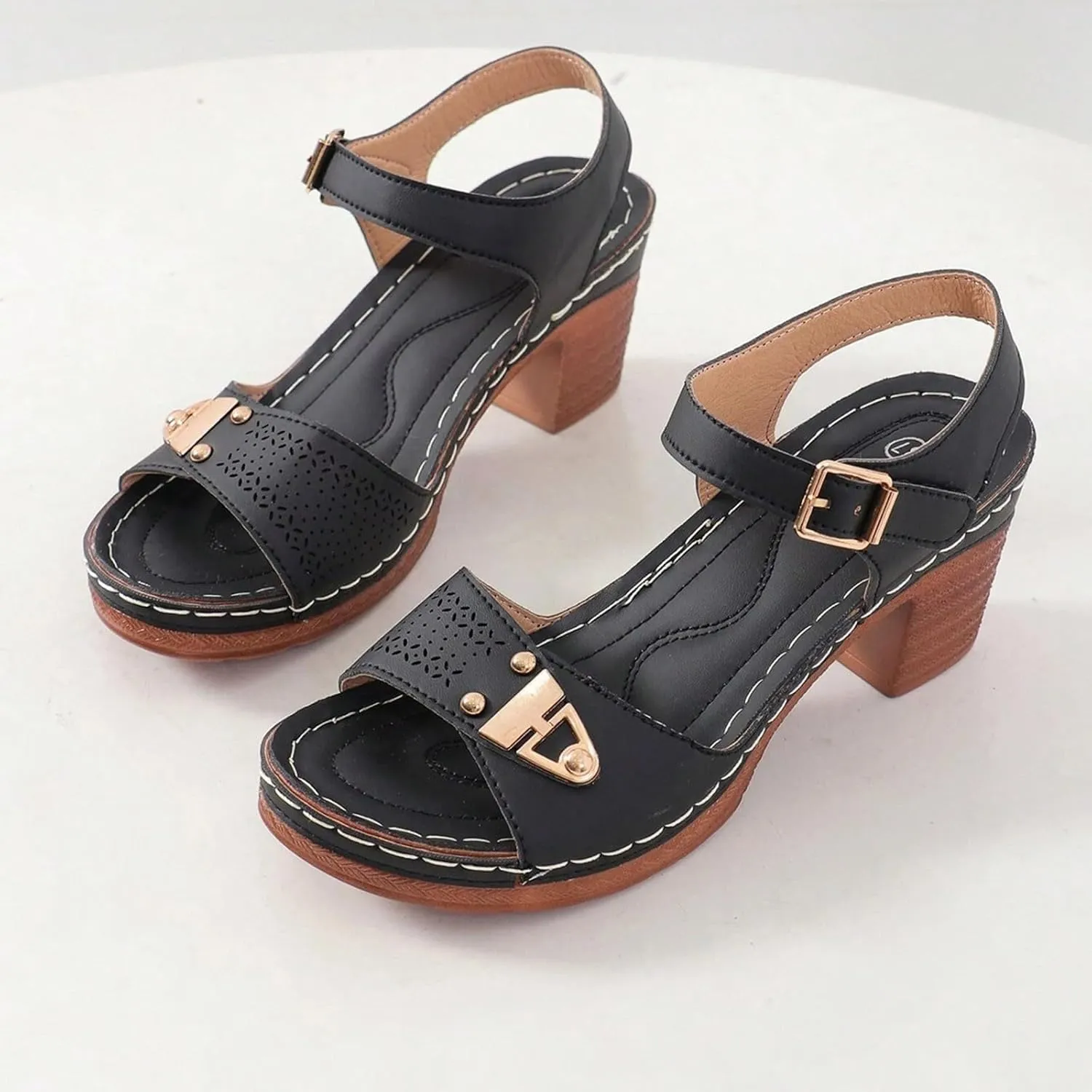 Summer Sandals for Women Dressy Casual Beach Sandals Solid Flowers Buckle Strap Chunky Low Heel Sandal Comfortable Walking Wedges with Adjustable Hook Loop Ladies Casual Platform Shoes