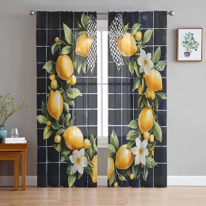 Summer Sheer Curtains 72 Inches Length, Black Plaid Yellow Lemon Bow Short Rod Pocket Light Filter Sheer Panels Privacy Semi Window Treatment Drapes for Kitchen Bedroom 2pcs, Each 52" W x 72" L