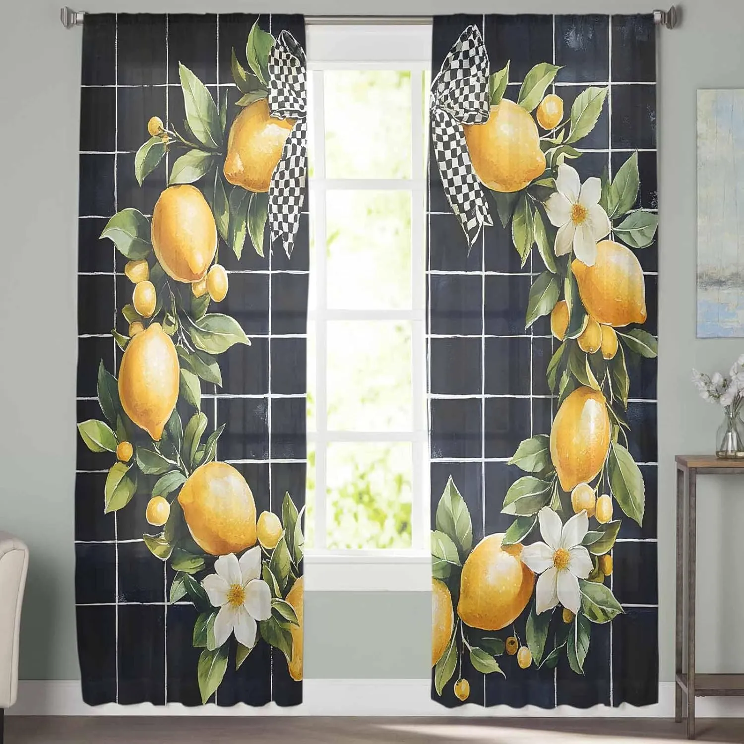 Summer Sheer Curtains 72 Inches Length, Black Plaid Yellow Lemon Bow Short Rod Pocket Light Filter Sheer Panels Privacy Semi Window Treatment Drapes for Kitchen Bedroom 2pcs, Each 52" W x 72" L