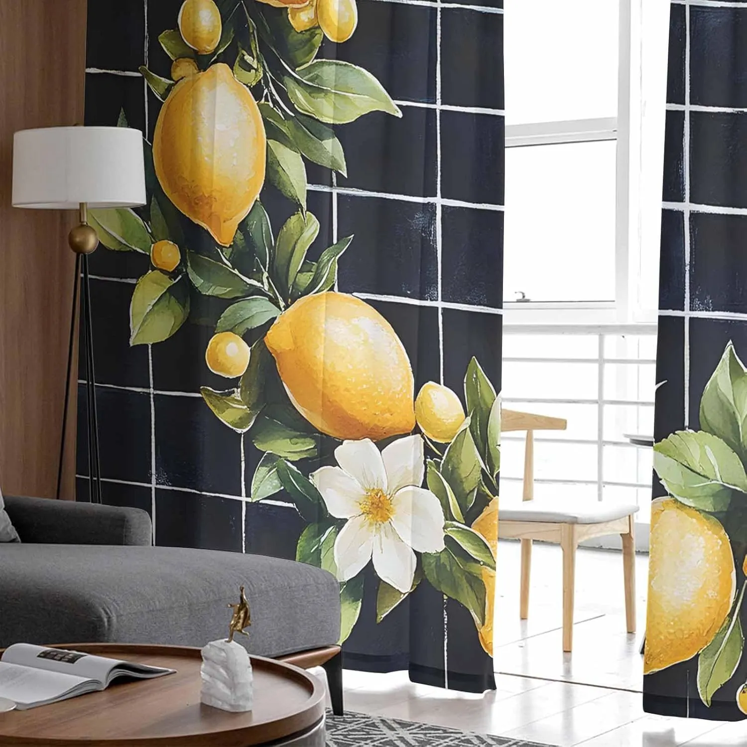 Summer Sheer Curtains 72 Inches Length, Black Plaid Yellow Lemon Bow Short Rod Pocket Light Filter Sheer Panels Privacy Semi Window Treatment Drapes for Kitchen Bedroom 2pcs, Each 52" W x 72" L