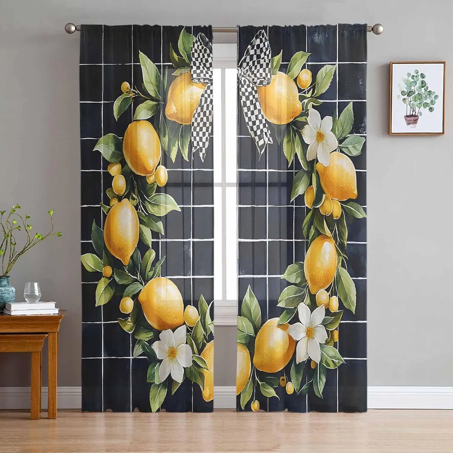 Summer Sheer Curtains 72 Inches Length, Black Plaid Yellow Lemon Bow Short Rod Pocket Light Filter Sheer Panels Privacy Semi Window Treatment Drapes for Kitchen Bedroom 2pcs, Each 52" W x 72" L