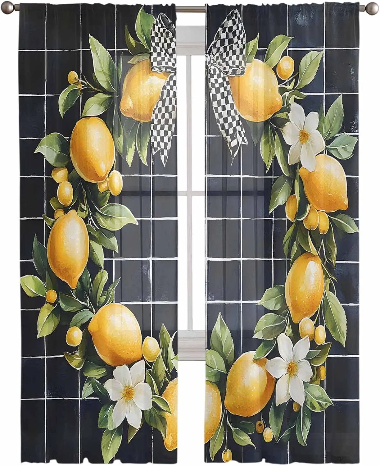 Summer Sheer Curtains 72 Inches Length, Black Plaid Yellow Lemon Bow Short Rod Pocket Light Filter Sheer Panels Privacy Semi Window Treatment Drapes for Kitchen Bedroom 2pcs, Each 52" W x 72" L