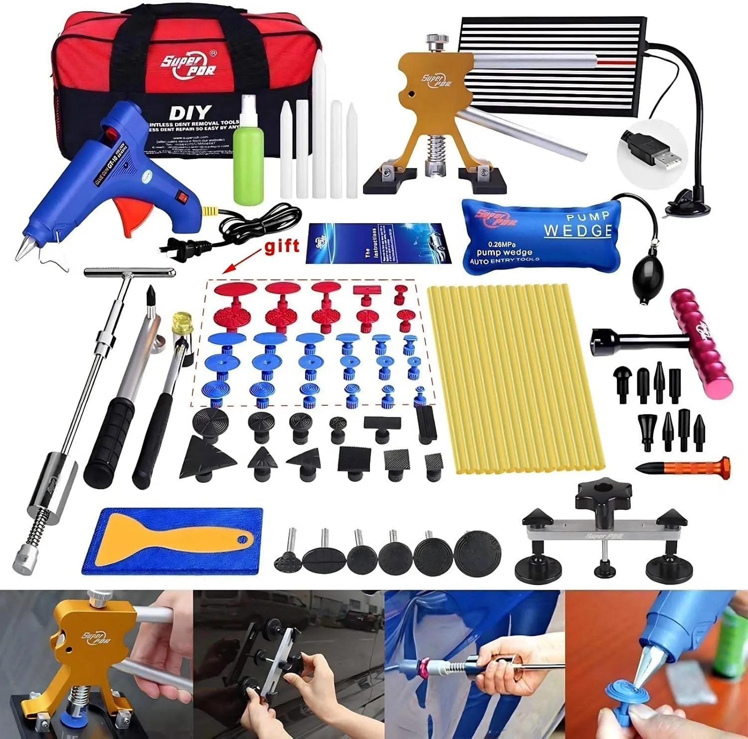 Super PDR Dent Puller Kit – Paintless Dent Repair Tools for Car, Slide Hammer 2 in 1 & PDR Light for Repairs 99% of Automotive Body Dent Remove, Hail Damage, Fridge & Appliance Dents Removal