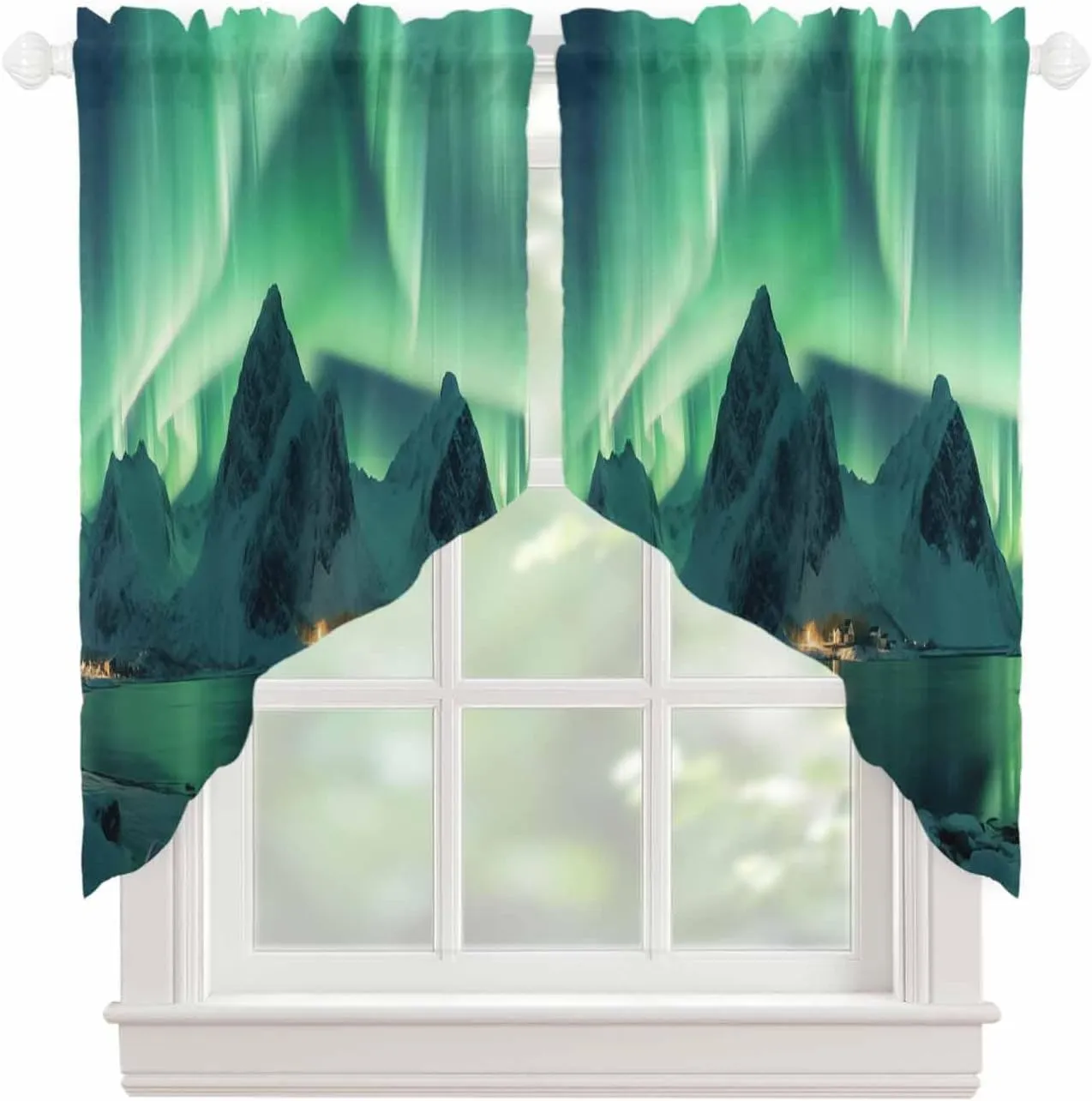 Swag Valances for Windows, Winter Polar Ice Islands Ocean Scenery Green Sheer Curtains Rod Pocket Voile Valance Curtains for Bedroom Kitchen Basement, 1 Pair 28x36 Inch