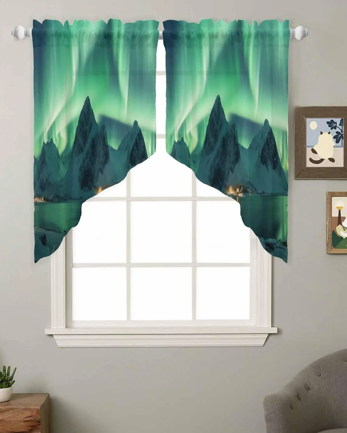 Swag Valances for Windows, Winter Polar Ice Islands Ocean Scenery Green Sheer Curtains Rod Pocket Voile Valance Curtains for Bedroom Kitchen Basement, 1 Pair 28x36 Inch