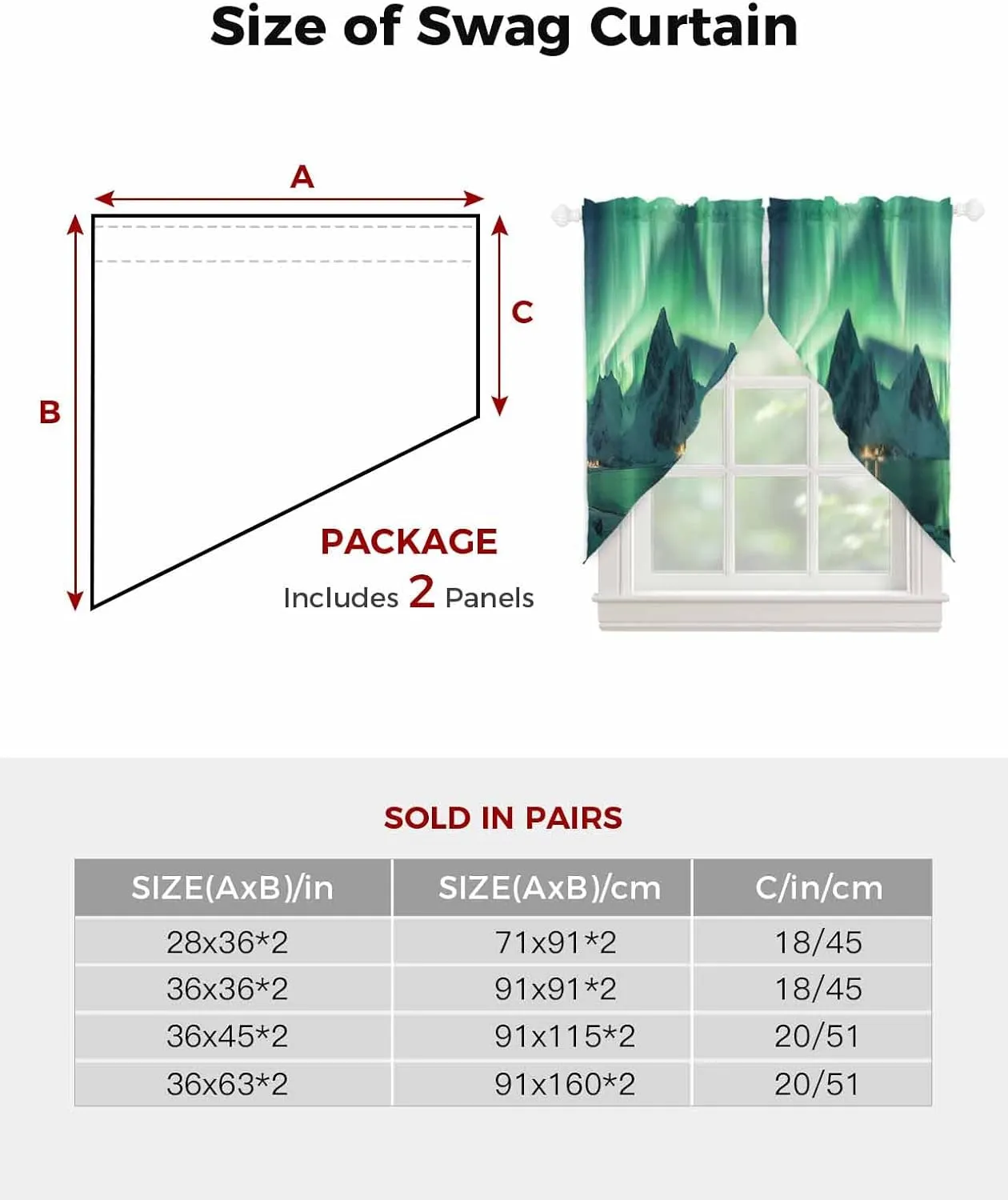 Swag Valances for Windows, Winter Polar Ice Islands Ocean Scenery Green Sheer Curtains Rod Pocket Voile Valance Curtains for Bedroom Kitchen Basement, 1 Pair 28x36 Inch