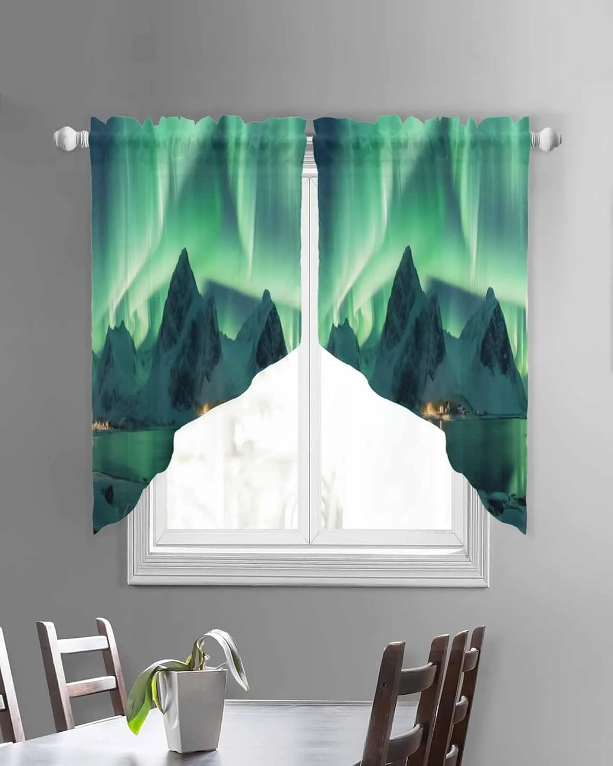 Swag Valances for Windows, Winter Polar Ice Islands Ocean Scenery Green Sheer Curtains Rod Pocket Voile Valance Curtains for Bedroom Kitchen Basement, 1 Pair 28x36 Inch