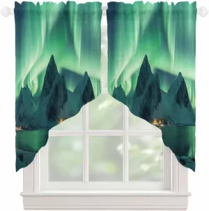 Swag Valances for Windows, Winter Polar Ice Islands Ocean Scenery Green Sheer Curtains Rod Pocket Voile Valance Curtains for Bedroom Kitchen Basement, 1 Pair 28x36 Inch