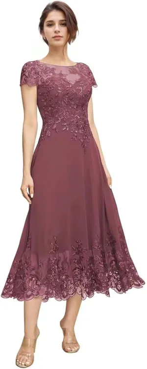 Tea Length Mother of The Bride Dresses for Wedding Beach Short Sleeves Lace Chiffon Formal Dress for Women 2024