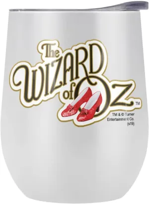 The Wizard of Oz OFFICIAL the Wizard of Oz Ruby Slippers Logo Pattern 12 OZ Stemless Wine Tumbler, Stainless Steel Travel Cup|Lake Tumbler|Insulated with Leak Resistant Slide-Lock Lid, White